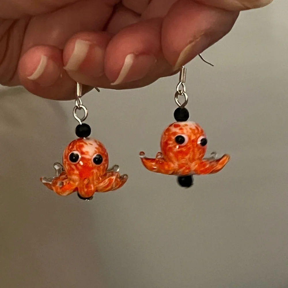 New Adorable Orange & White Lamp Work Glass Octopus Earrings
